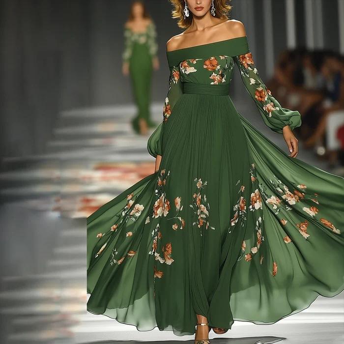 

Dark Green Off-Shoulder Long Sleeve Maxi Dress with Floral Pattern XXL