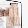 Qooth Floral Print Women Skirt Summer High Waist A-line Midi Skirt Beach Chiffon Elegant Pleated Skirts QT1378