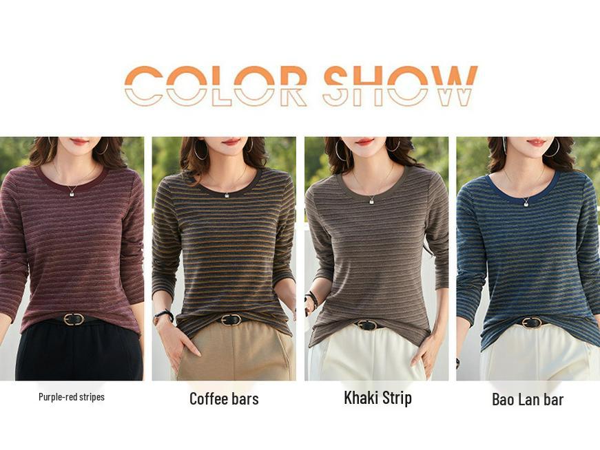 Korean Style Women's Slim Fit Striped Long Sleeve Round Neck T-shirt for Autumn/Winter