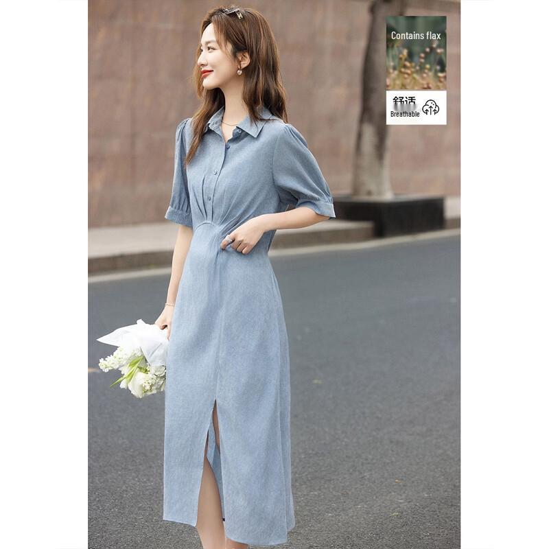 Women s Linen Blend Pleated Lapel Midi Dress L
