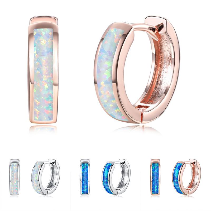 Classic Female Blue White Opal  Rose Gold Silver Color Wedding Earrings Dainty Bridal Round Hoop Earrings For Women