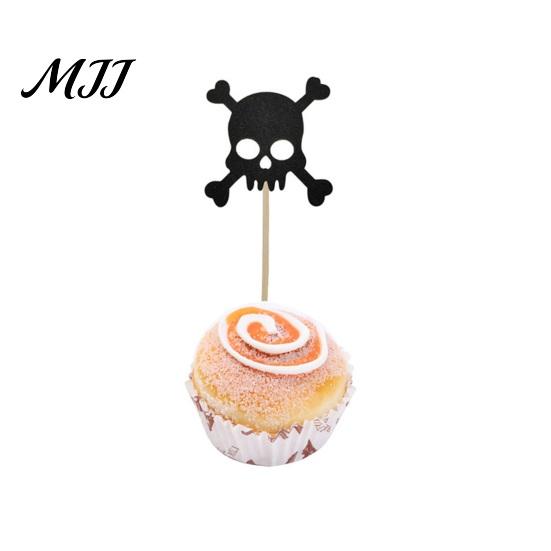 Cake Decoration for Halloween 8 Pcs Glitter Cupcake Picks, Spooky Black Skull Cream Safe Topper Toppers, Gothic Birthday Party Supplies