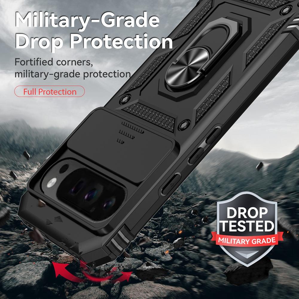 Capa Armadura à Prova de Choque Para Google Pixel 6 7 8 9 10 Pro XL 5G Capa Protetora de Lente Deslizante Para Pixel 6A 7A 8A 9A Capa com Suporte de Anel