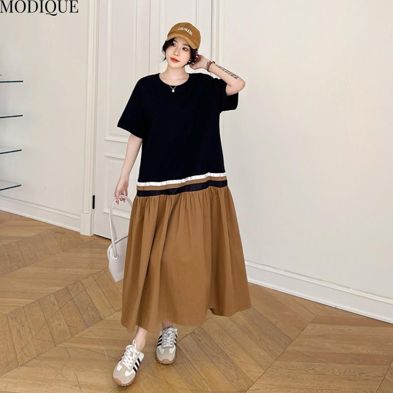 MODIQUE Summer Plus Size New Women Basic Loose Minimalist Color Matching T-Shirt Patchwork Long Dresses Female Casual Short Sleeve O-Neck Dresses