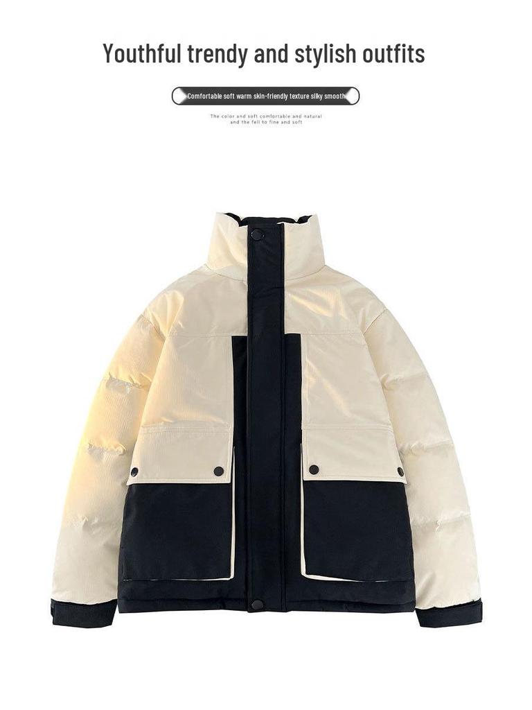 Men's Hooded Down Jacket, New Winter 2025 Color Block, Warm Thickened Workwear with Stand Collar