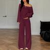 European & American Women's Solid Color Long Sleeve Top & Wide Leg Pants Two-Piece Casual Set - Spring Lazy Style