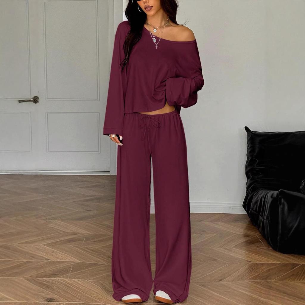 European & American Women's Solid Color Long Sleeve Top & Wide Leg Pants Two-Piece Casual Set - Spring Lazy Style