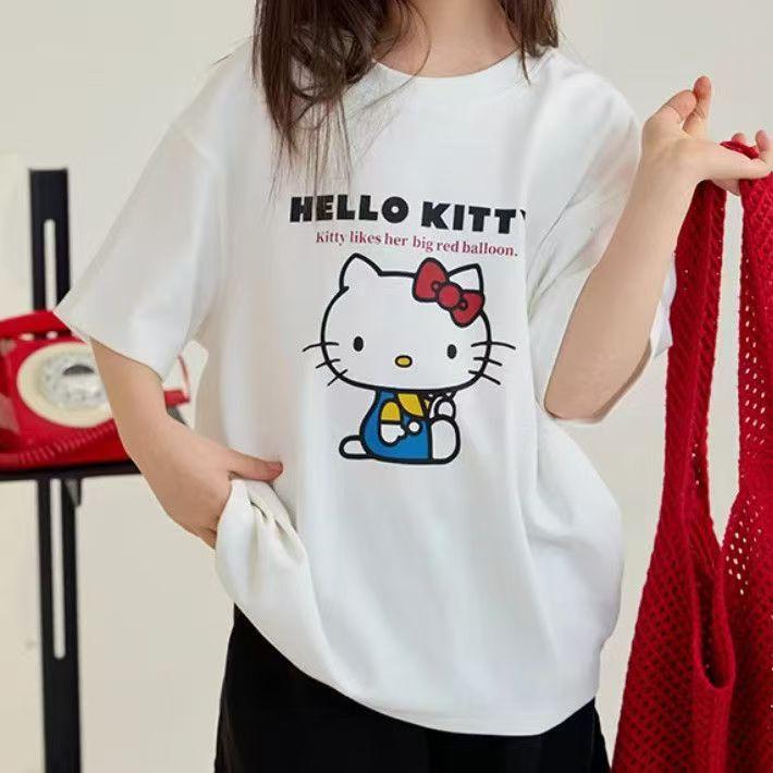 

Футболка Hello Kitty с коротким рукавом из мягкого хлопка, повседневная, с круглым вырезом, милый мультяшный принт, легкий летний топ для женщин, для повседневной носки S