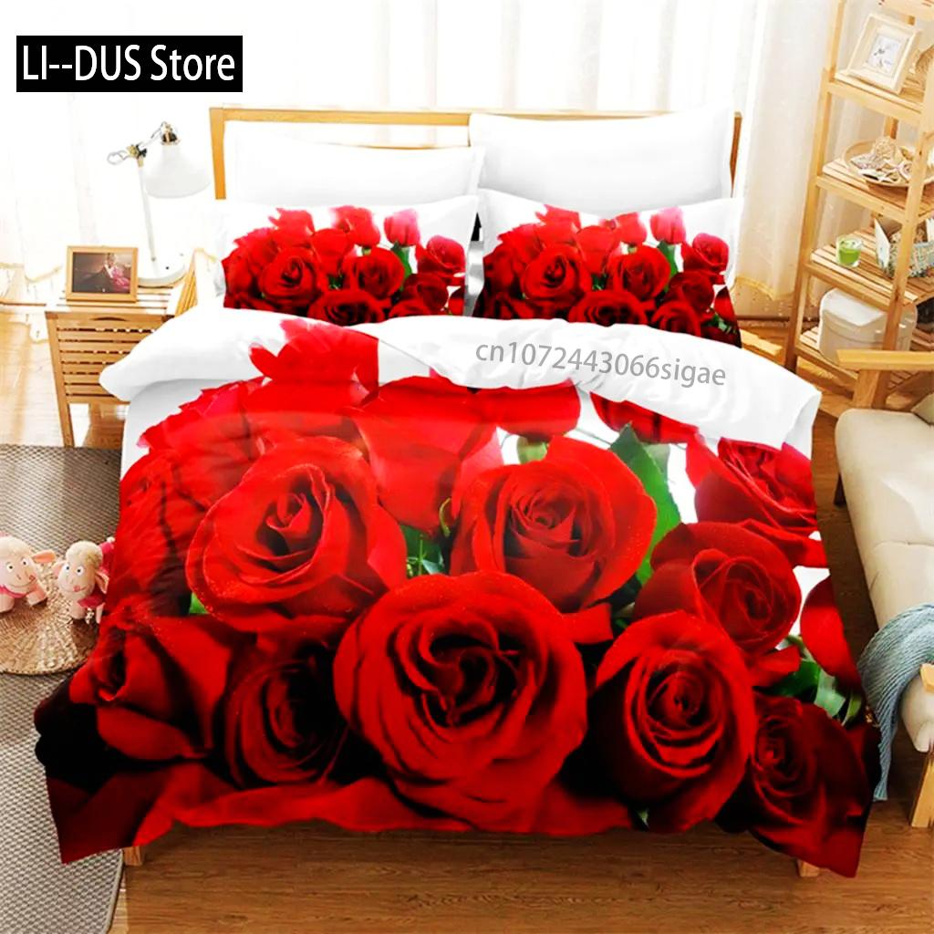 Red Flower Duvet Covers Set Full Size Rose Quilt Cover 240x220cm 260x240cm Bedding Sets 3pcs 2pcs King Queen Single Double Bed