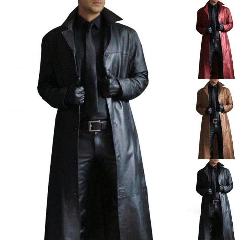 Fashionable Extended Length PU Leather Jacket for Men Solid Color Slim Fit Outerwear Style Male Garments