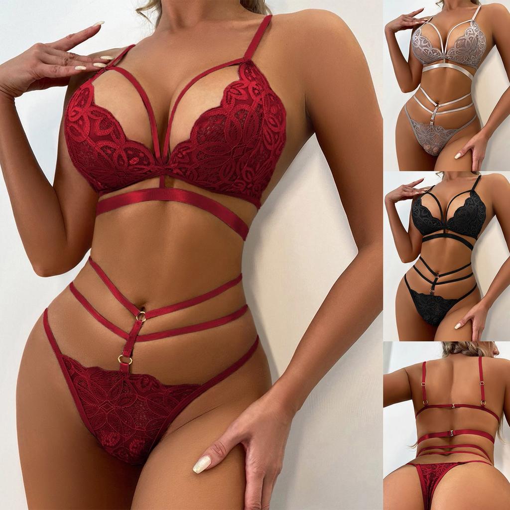 Ladies Sexy Fashion Interesting Tight Lace Hollow Tie  Two Piece Set