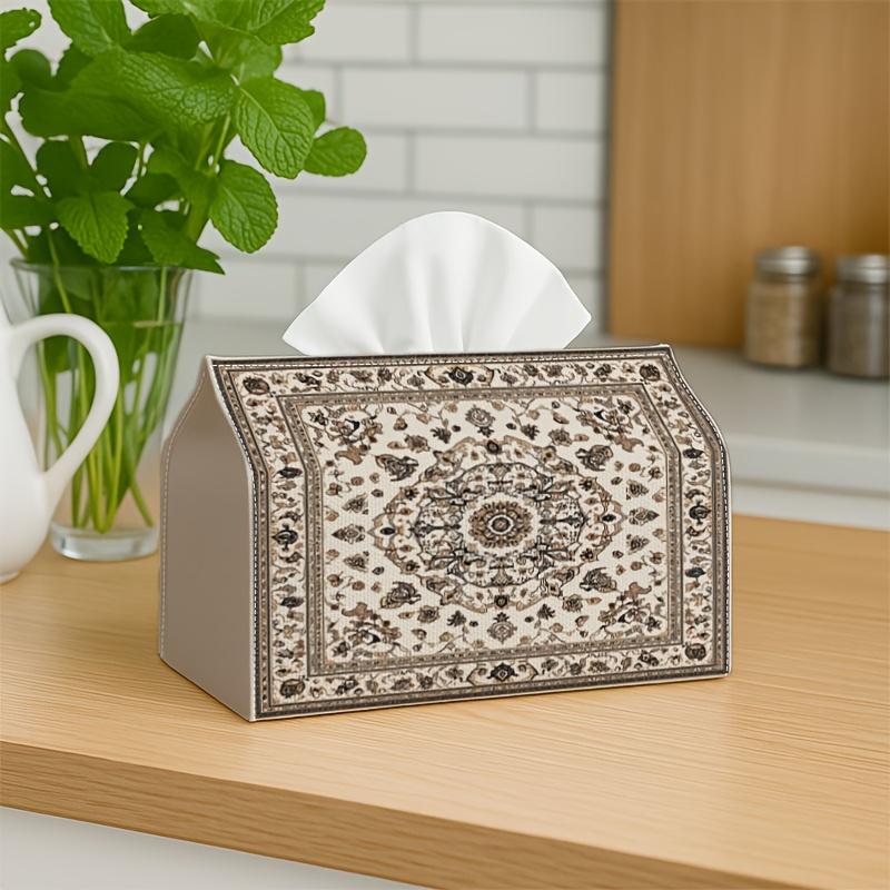 1pc, 2D Flat Printing, Tissue Box Classic Oriental Persian Traditional - Beige Ornate Medallion Napkin Storage Box, Suitable for Rolls/Facial Tissues/