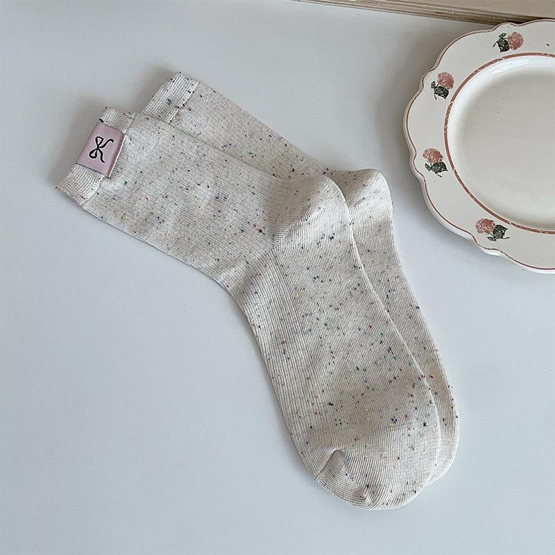 Autumn and Winter College Style Cotton Socks, Colorful Polka Dot Yarn Bow, Fabric Label Mid-calf Socks, Pile Socks for Girls