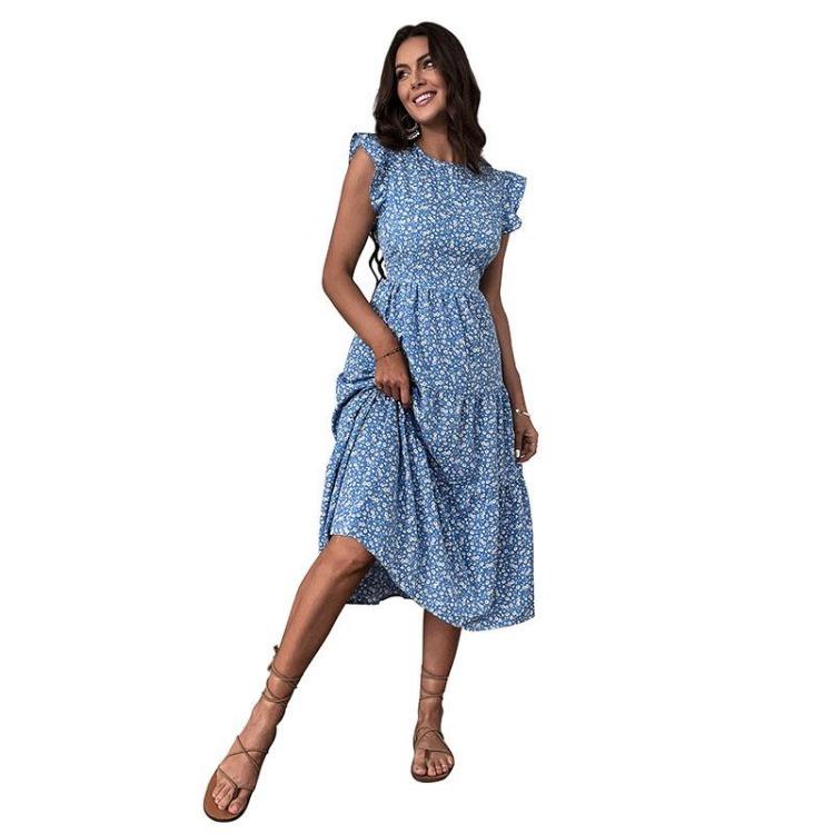 Chic Retro Women Sleeveless Floral Summer Dress High Waist A Line Midi Long Blue O Neck