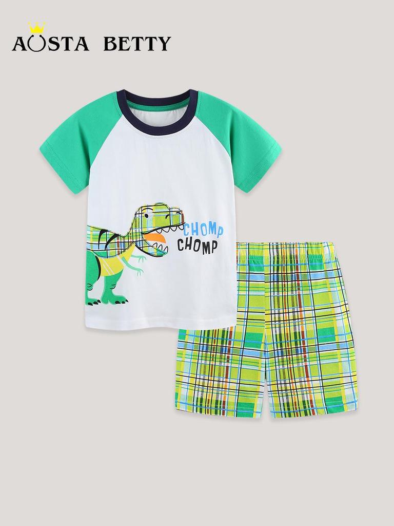 Summer 26 Dinosaur Cartoon Print Boys' Shorts and Shirt Set - Kids' Two-Piece