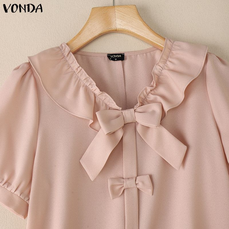 VONDA Women Lapel Neck Short Sleeve Buttons Bow Knot Casual Cropped Blouse Tops