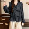 VONDA Women Ruffled V Neck Loose Casual Long Sleeve Plaid Print Blouse