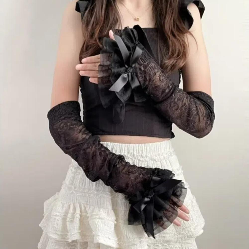 Lace Bowknot Bridal Wrist Gloves Y2K Long Gloves Graceful Womens Sleeve