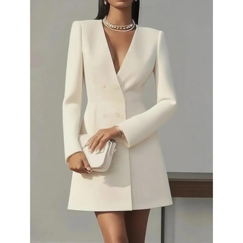 

women s Solid Color V Neck Double Breasted Long Sleeve Blazer Mini Dress Elegant Commuter Suit Dress 2XL абрикосовий