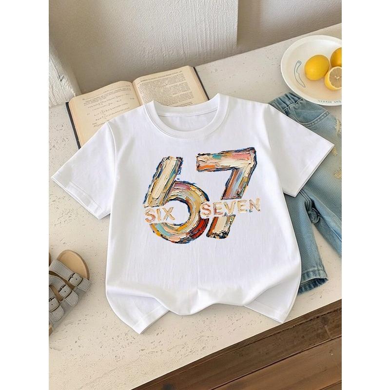 European Sizes Boys' T-Shirt Six Seven Number Art Print, Ldeal for Outdoor Activities, Soft Knitted Top, Comfortable And Breathable