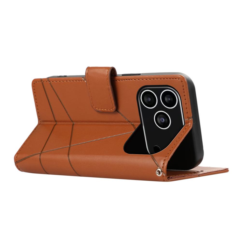 For iPhone 17 Pro Phone Case Line Imprint Leather Wallet Cover with Wrist Strap