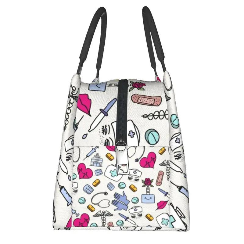 Nurse Nursing Tool Pattern Insulated Lunch Bag for Work Office Resuable Thermal Cooler Bento Box Women