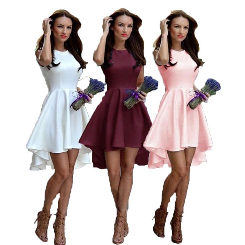 Fashion Women Sleeveless Asymmetric Hem Casual Sundress In Elegant Pure Color