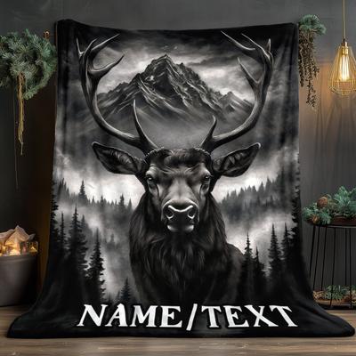 Custom Elk Blanket Black Stag Mountain Forest Foggy Winter Design Personalized Name Fleece Throw All Season Soft Warm Bedding