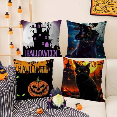 Cute Halloween Kitten Spooky Pillow Case Short Plush Double-sided Print Square Throw Pillow Covers Sofa Home Cushion Decor