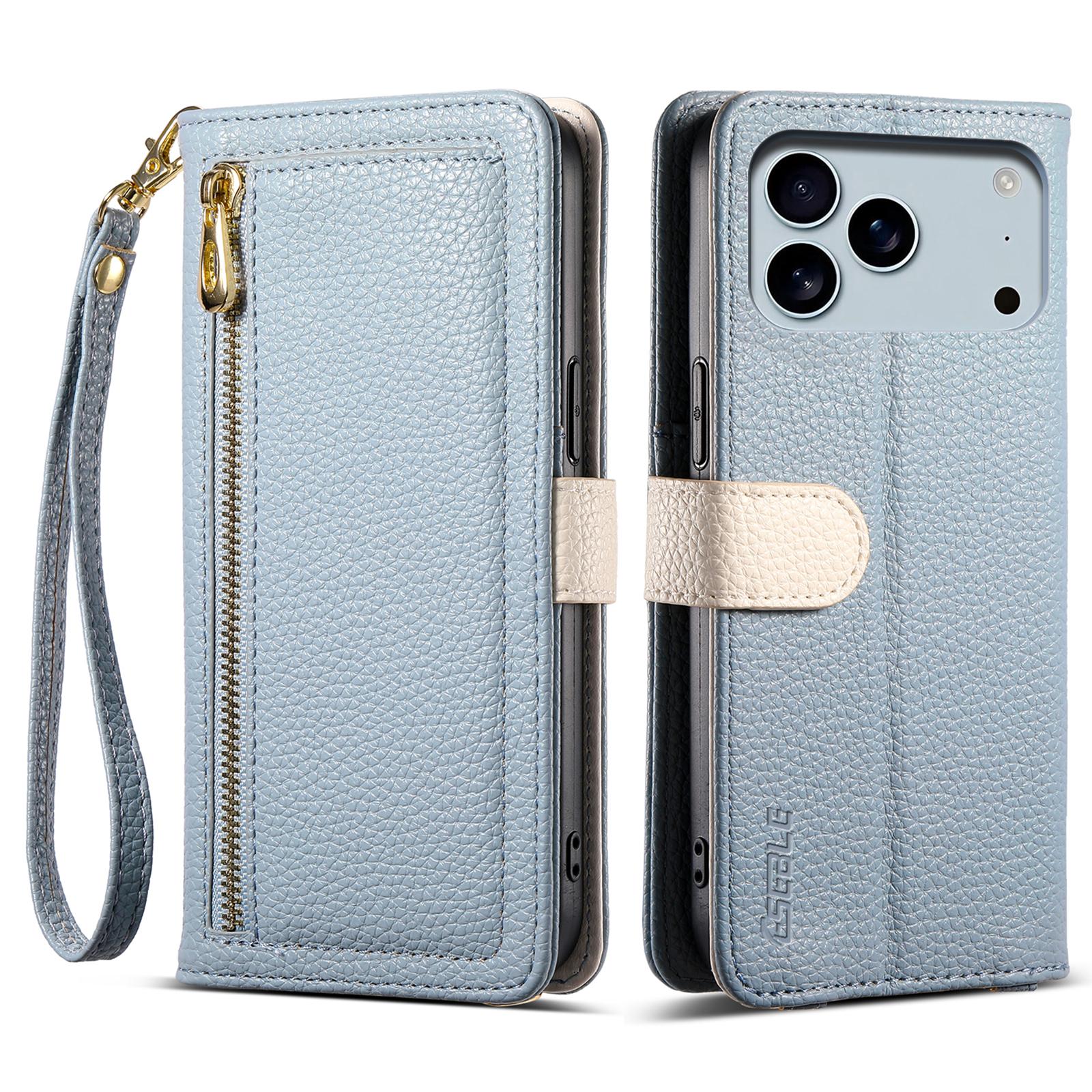 

ESEBLE E11 For iPhone 17 Pro Max Case Zipper Pocket Litchi Texture Leather Phone Cover with Mirror and Wrist Strap Sky Blue