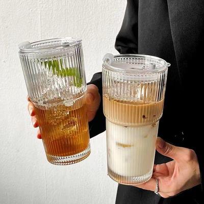 600Ml Ribbed Glass With Lid 1/2 Piece Large Iced Coffee Cup With Straw Modern Glass For And Cold Drinks