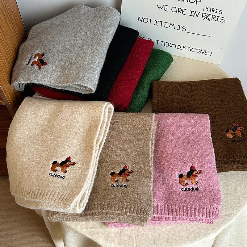 Falling Pool Knitwear: Women's Cute Puppy Embroidered Winter Scarf - Warm, Versatile Cartoon Neck Warmer