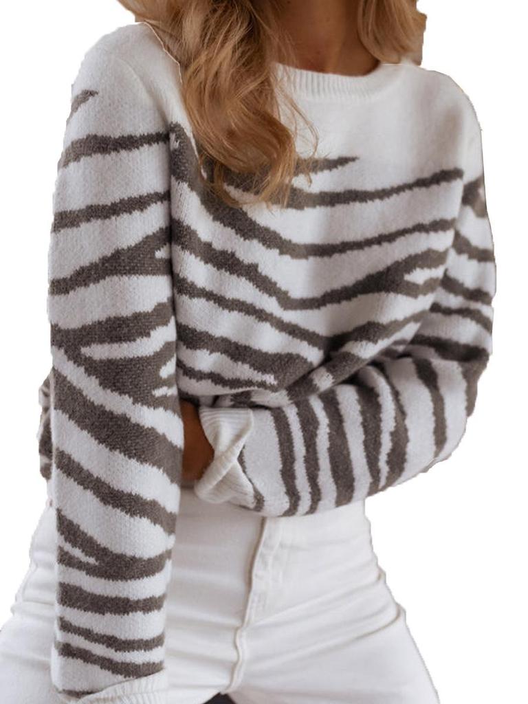 2023 European & American Women's Striped Patchwork Crew Neck Knit Sweater