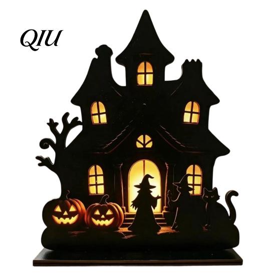 Solid Wood Halloween Sign Witch Wooden Table Centerpiece, Spooky Castle Black Cat Standing Decoration Tabletop Ornament for Party, Desk