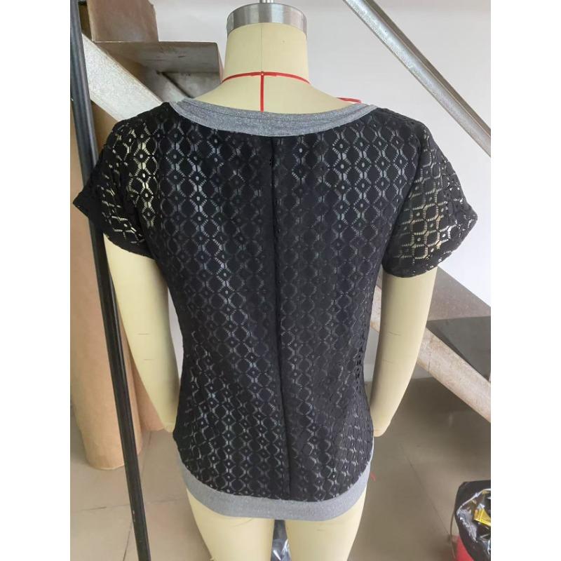 Summer Casual Lace Round Neck Short Sleeved Fake Two Piece Knitted Sweater T-Shirts Women’s