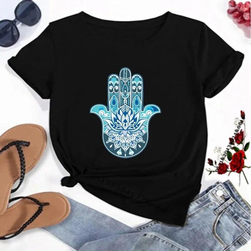 Hamasa Hand of Fatima Tryck WoUnisex T-shirts Lyckobringande Hamsa Hand Harajuku Unisex T-shirts Sommar Kort Ärm Svart Topp T-shirts FeUnisex Unisex