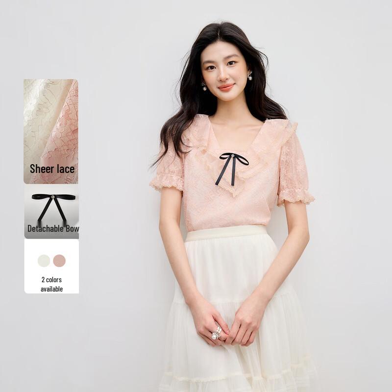 Women s Detachable Bow V-Neck Lace Short Sleeve Top S