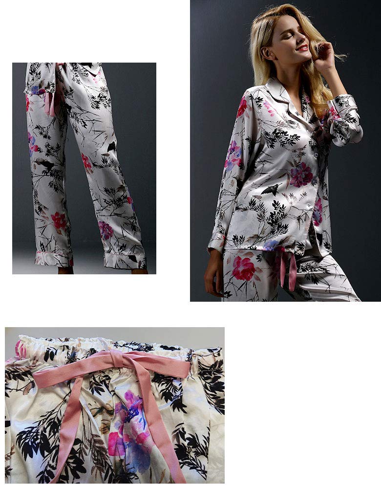 Long Room Watercolor Floral Waist Open Front [Yumekairou] Pajamas, 100% Silk, Satin, Women's, Sleeve, Wear, Painting, Pattern, Ribbon, Leaves,