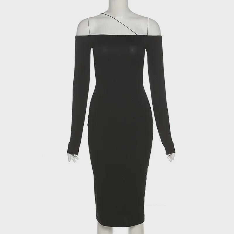 Women's Fashion: 2021 Autumn One-Shoulder Off-the-Shoulder Slim Fit Long-Sleeve Hip-Hugging Dress
