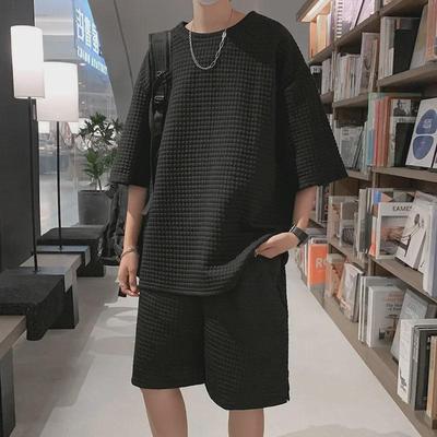 Męski modny letni dwuczęściowy garnitur z krótkim rękawem w stylu japońskim o luźnym kroju