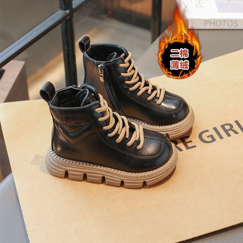 

Girls Martin boots 2025 autumn/winter fleece thickened children s leather boots British fashion girls soft-soled boots cotton boots 26 yards inner length is about 16cm