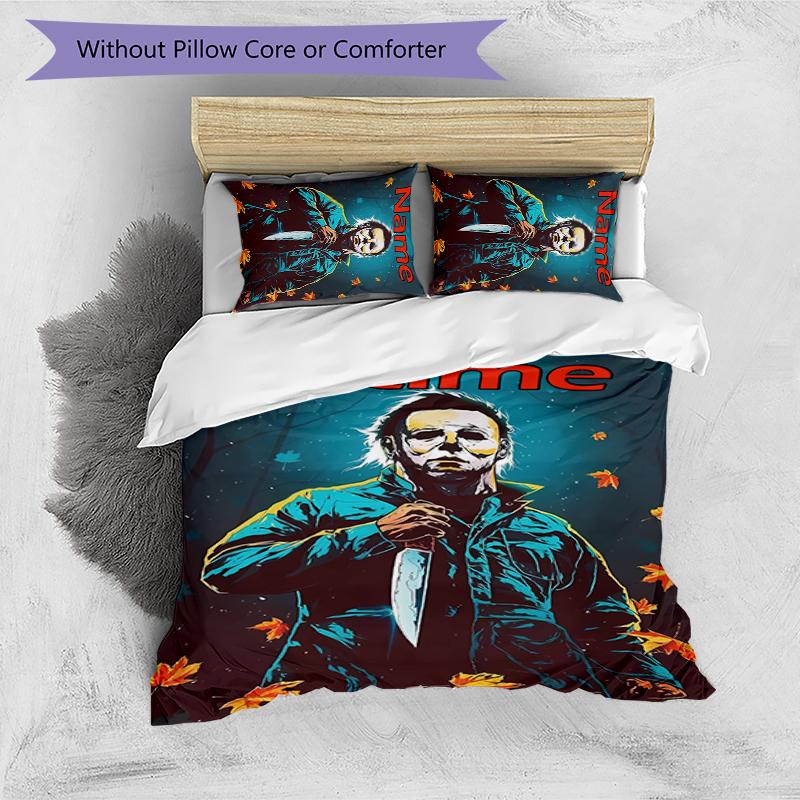 3pcs Custom Name Cartoon Michael Myers Bedding Set Duvet Cover Closure Includes 1 Duvet Cover & 2 Pillowcases for All Seasons Bedroom Decor