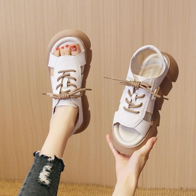 Roman sandals women's summer real soft leather new lace-up thick-soled fish mouth sandals wear muffin bottom flat-soled cool boots