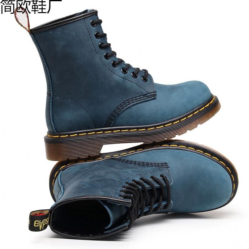 High Top Crazy Horse Blue Motorcycle Boots Women's Classic Retro Short Boots Men's and Women's Leather Boots