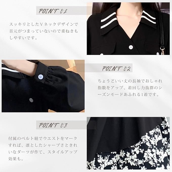 xppe Long Dress with Floral Women's V-Neck Belt, Print, A-Line, Flared, Black, Summer/Autumn