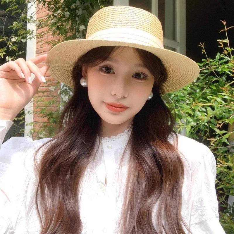 French big head circumference woven big eaves flat top top hat women's summer new seaside travel sunshade sunscreen hat