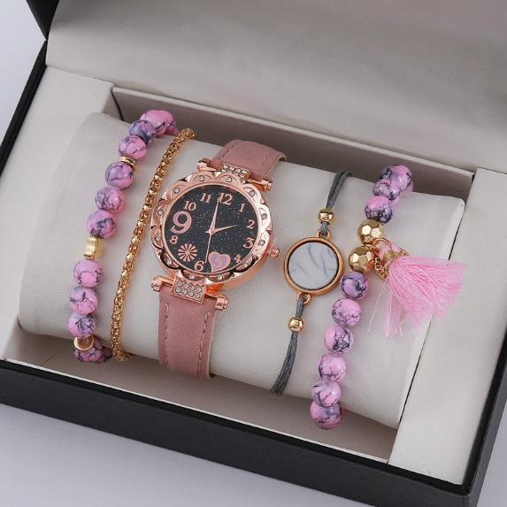 European And American New Crystal Love Jewelry Fashion Temperament Peach Heart Necklace Earrings Ring Bracelet Four-Piece Set