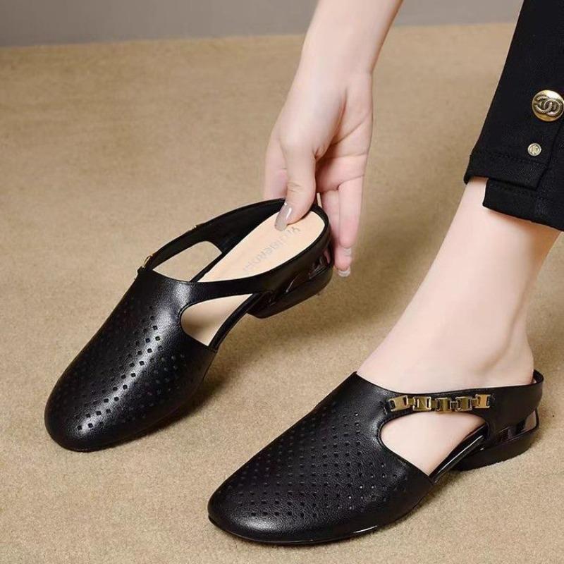 Summer flat shoes retro half slippers women's leather outer wear new summer outer wear sandals