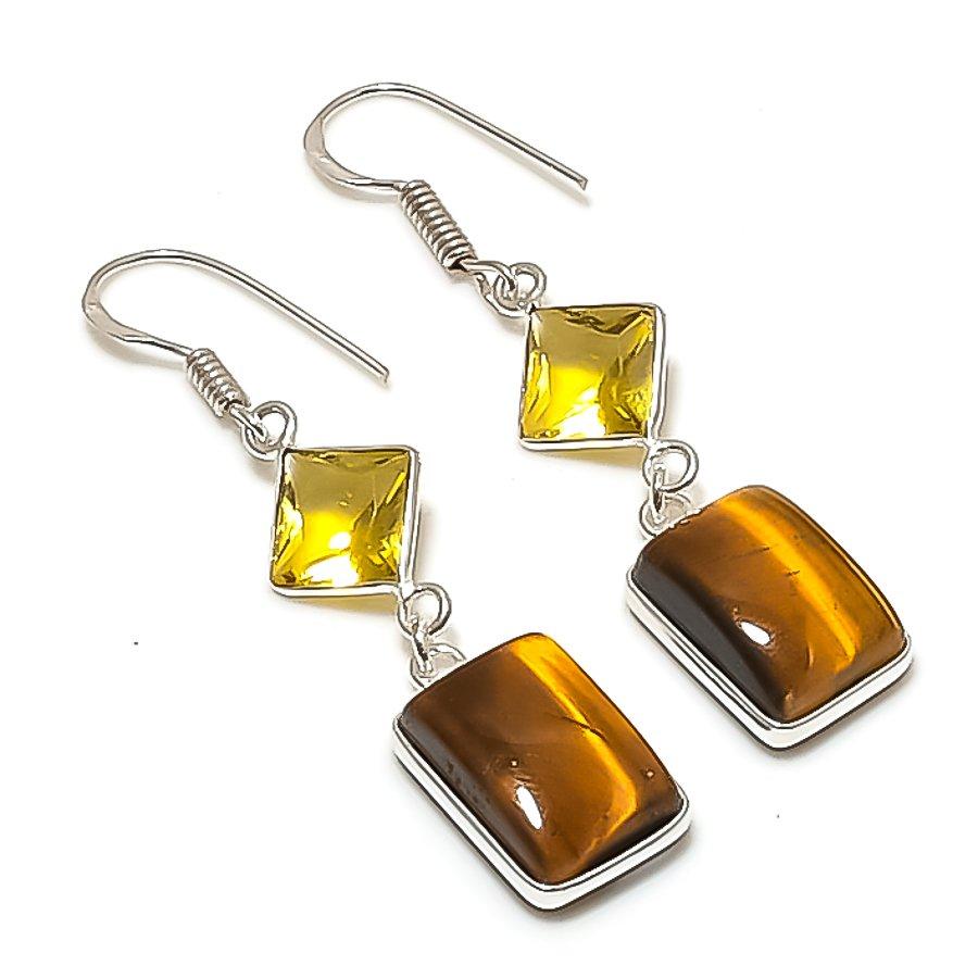 Natural Tiger Eye, Citrine Gemstone 925 Sterling Silver Earring 2.05" AE-11709