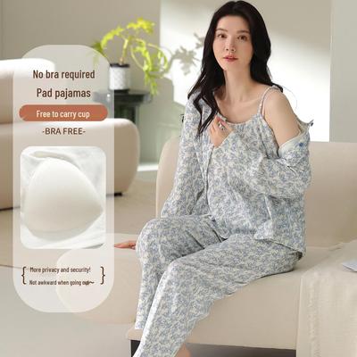 Women's Three-Piece Cotton Pajama Set: Spring Fashion, Printed, Comfortable, Breathable, with Chest Pads, Skin-Friendly.